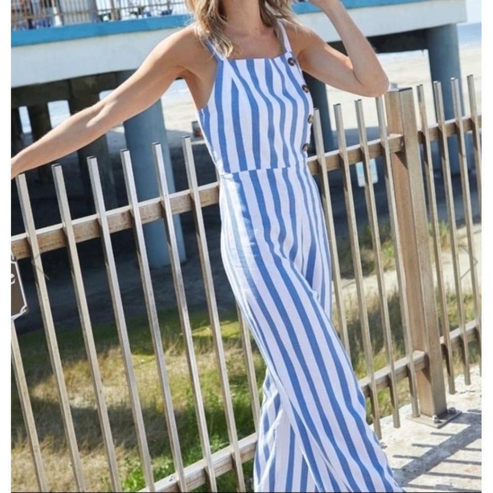 C&C California Jumpsuit Striped Linen Blend Coastal Women's Size Medium Casual